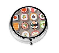 Muchos alimentos de sushi. Este pequeño pastillero redondo de viaje de tres compartimentos es perfecto para almacenar medicamentos diarios, vitaminas y sobre la marcha.