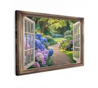 MuchoWow© Cuadros Decoracion Salon Modernos 120x80 cm para Dormitorios Cuadro Decorativos de Salon Lienzos Decorativo Pared Decoracion Lienzo Modernos Jardín - Ventana - Hortensias - Flores