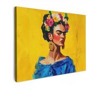 MuchoWow© Cuadros Decoracion Salon Modernos 40x30 cm Dormitorios Cuadro Decorativos de Salon Lienzos Decorativo Decoración Modernos Cabecero Cama Frida Kahlo - Mujer - Amarillo - Azul - Flores