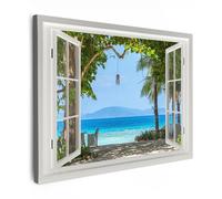 MuchoWow© Cuadros Decoracion Salon Modernos 40x30 cm Pinturas Lienzo Decorativo para Pared Decoración Hogar Lienzos Vista desde la ventana - Árbol - Mar - Palmera - Colinas - Playa - Azul