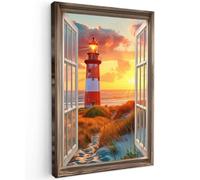 MuchoWow© Cuadros Decoracion Salon Modernos 80x120 cm Dormitorios Cuadro Decorativos de Salon Lienzos Decorativo Decoración Modernos Cabecero Cama Perspectiva - Ventana - Faro - Atardecer