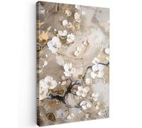 MuchoWow© Cuadros Decoracion Salon Modernos 80x120 cm Dormitorios Cuadro Decorativos de Salon Lienzos Decorativo Decoración Modernos Cabecero Cama Flores - Blanco - Oro - Beige - Lujo