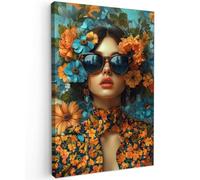MuchoWow© Cuadros Decoracion Salon Modernos 80x120 cm para Dormitorios Cuadro Decorativos de Salon Lienzos Decorativo Pared Decoracion Lienzo Modernos Mujer - Flores - Naranja - Azul - Moderno