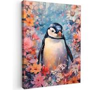 MuchoWow© Cuadros Salon Modernos 60x80 cm Adornos Pared Decorativos Dormitorio Lienzo Pinturas Quadro Decoración Pingüino - Flores - Animales Polares - Rosa
