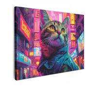 MuchoWow© Laminas Cuadros de Salon para Dormitorio 70x50 cm Lienzos Decoración Pared Cuadro Habitacion Decoracion Graffiti - Cat - Arte pop - Rosa - Neón - Urbano