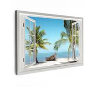 MuchoWow© Quadros Decoração Sala 120x80 cm Cuadros Decoracion Dormitorios Lienzos Decorativos para Dormitorios Modernos Vista desde la ventana - Playa - Palmera - Barco - Tropical - Mar