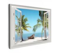 MuchoWow© Quadros Decoração Sala 40x30 cm Cuadros Decoracion Dormitorios Lienzos Decorativos para Dormitorios Modernos Vista desde la ventana - Playa - Palmera - Barco - Tropical - Mar