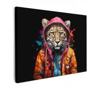 MuchoWow© Quadros Decoração Sala 80x60 cm Cuadros Decoracion Dormitorios Lienzos Decorativos para Dormitorios Modernos Graffiti - Leopardo - Animales - Negro - Arte pop