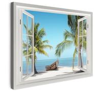 MuchoWow© Quadros Decoração Sala Cuadros Decoracion Dormitorios Lienzos | 40x30 cm - Decorativos para Modernos Vista desde la ventana - Playa - Palmera - Barco - Tropical - Mar