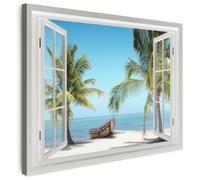 MuchoWow© Quadros Decoração Sala Cuadros Decoracion Dormitorios Lienzos | 80x60 cm - Decorativos para Modernos Vista desde la ventana - Playa - Palmera - Barco - Tropical - Mar