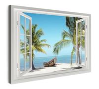 MuchoWow© Quadros Decoração Sala Cuadros Decoracion Dormitorios Lienzos | 90x60 cm - Decorativos para Modernos Vista desde la ventana - Playa - Palmera - Barco - Tropical - Mar