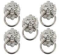 MUCKLILY 5 Tiradores de Armario Cabeza de León en Aleación de Zinc Pulida, Tamaño Pequeño, Color Plata, Anillos Decorativos para Puertas y Cajones, Ideales para Muebles y Armarios