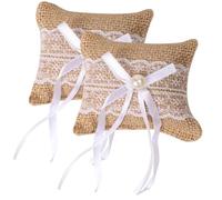 MUCKLILY Almohadas para Anillos de Boda 2 Piezas de Lino Encaje Cojines Decorativos para Portadores de Anillos Adorno para Fiestas y Ceremonias Nupciales