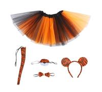 MUCKLILY Conjunto Disfraz Halloween con Diadema Orejas Felpa Pajarita Decorativa y Falda Tul Naranja y Negro para Mujer y Niña