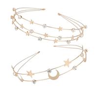 MUCKLILY Diademas Metálicas Doradas 2 Piezas Doble Capa Diadema de Cristal para Mujer y Niña Fiesta Boda Decoración de Cabello Estrellas y Luna