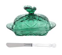 MUCKLILY Mantequera de Vidrio Verde con Tapa Hermética y Cuchillo Bandeja Vintage Pequeña para Mantequilla Casera Soporte Compacto para Encimera y Refrigerador Adecuado para Cocina y