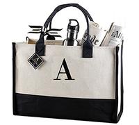 Mud Pie Bolsos Tote clásicos de Lona con Inicial en Blanco y Negro (A), 100% algodón, 43,2 x 48,3 x 5 cm