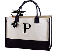 Mud Pie Bolsos Tote clásicos de Lona con Inicial en Blanco y Negro (P), 100% algodón, 43,2 x 48,3 x 5 cm