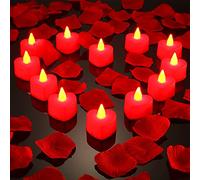 Mudder 12 Velas de Té LED Formas de Corazón Velas LED de Amor con 200 Pétalos de Rosa de Seda Pétalos Artificiales de Dispersión de Niña para Día de San Valentín (Luz Roja, Pétalo Rojo)