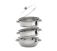 Mudshape Vaporera de acero inoxidable de 3 niveles para cocinar al vapor, acero inoxidable 304, de grado alimenticio, cacerola con tapa de cristal, multicapa (28 cm)