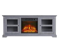 Mueble aparador con chimenea eléctrica en acabado tipo roble color gris. con dos armarios con puerta.