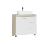 VASAGLE Mueble Bajo Lavabo, Armario de Baño, 3 Cajones, 2 Compartimentos Detrás de la Puerta, Apto para Lavabos con Pedestal, con Pies, 30 x 70 x 64 cm, Blanco Nube y Beige Natural BBK504K01