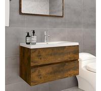 Mueble Bajo Lavabo con Lavabo Encastrado, Material Madera Roble Ahumado, Diseño Elegante, Función Antidesbordamiento, Armario Baño, Mueble Auxiliar Baño, Apto para Baños y Aseos, 80 x 38.5 x 45 cm