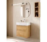 Mueble Baño Suspendido a Pared Fondo Reducido | 2 Cajones con Lavabo Cerámico | Roble Natural Tirador Cromo | 60cm