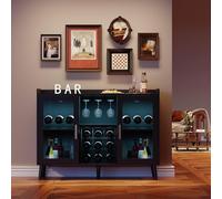 Garvee Mueble Bar de Vino 120x40x90 cm con Luces LED y Puertas de Vidrio - Estación de café de Madera con botellero para 18 Botellas y Soporte para Copas - Moderna para salón, Cocina y Comedor