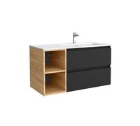 Mueble de baño 90 cm 2 cajones negro mate y coqueta izquierda 2 huecos roble con lavabo integrado