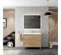 Mueble de Baño a Suelo con Lavabo Cerámico Cervino | Mueble Baño con Patas 3 cajones y 1 Puerta con Cierre Amortiguado y Organizador | Guías Hettich (100x45cm, Roble Natural)