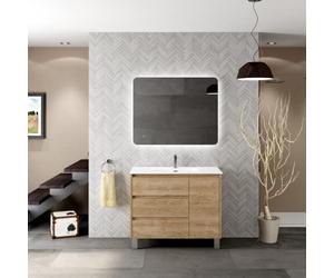 Mueble de Baño a Suelo con Lavabo Cerámico Cervino | Mueble Baño con Patas 3 cajones y 1 Puerta con Cierre Amortiguado y Organizador | Guías Hettich (100x45cm, Roble Natural)