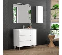 Mueble de Baño al Suelo con Lavabo Cerámico Cervino | Mueble Baño con Patas de 3 cajones y 1 Puerta con Cierre Amortiguado y Organizador Máximo Almacenamiento | Blanco Brillo | 100cm