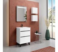 Mueble de Baño al Suelo con Lavabo Cerámico de Fondo Reducido Berna | Mueble Baño con Patas de Fondo Reducido de 2 Cajones con Cierre Amortiguado y Organizador | Blanco Brillo Tirador Negro | 60cm