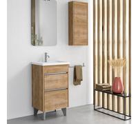 Mueble de Baño al Suelo con Lavabo Cerámico de Fondo Reducido Berna | Mueble Baño con Patas de Fondo Reducido de 2 Cajones con Cierre Amortiguado y Organizador | Roble Natural Tirador Cromo | 50cm