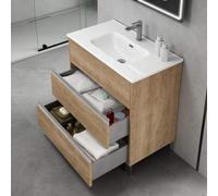 Mueble de Baño al Suelo con Lavabo Cerámico Escorpio | Mueble Baño con Patas de 3 Cajones con Cierre Amortiguado y Organizador Máximo Almacenamiento | Roble Natural Tirador Cromo | 70cm