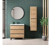 Mueble de Baño al Suelo | Lavabo Cerámico Fondo Reducido Siena | Mueble Baño con Patas Fondo Reducido 3 cajones con Cierre Amortiguado y Organizador | Roble Natural Tirador Negro | 80cm