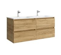 Mueble de baño Bequia 120 cm con Lavabo 100% montado de fábrica | Acabado Roble suspendido 4 cajones Cierre amortiguado Apertura con uñero | Lavabo 2 pozas Porcelana Blanca | Salgar