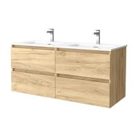 Salgar Mueble de baño Bequia 120 cm con Lavabo 100% montado de fábrica | Acabado Roble suspendido 4 cajones Cierre amortiguado Apertura con uñero | Lavabo 2 pozas Porcelana Blanca