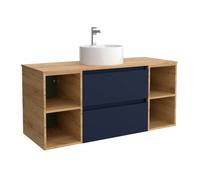 Mueble de baño bequia 120cm + coqueta 2 huecos centrado + encimera + lavabo posar| azul mate / roble |120x45x54