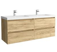 Salgar Mueble de baño Bequia 140 cm con Lavabo 100% montado de fábrica | Acabado Roble suspendido 4 cajones Cierre amortiguado Apertura con uñero | Lavabo 2 pozas Porcelana Blanca | Marca