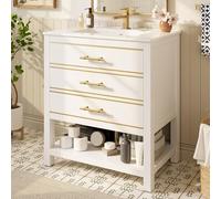 Mueble de baño blanco con lavabo de cerámica - Mueble de baño independiente con 2 cajones y compartimento abierto, tablero DM de alta calidad con lacado, asas doradas, sin grifo ni desagüe