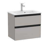 Mueble de baño compacto con lavabo y 2 cajones de 60 cm de ancho color gris mate Unik The Gap Roca - Con conjunto de patas / Sin caja organizadora / Con caja organizadora + Set de 2 colgadores