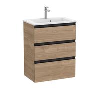 Mueble de baño compacto con lavabo y 3 cajones de 60 cm de ancho en color nogal Unik The Gap Roca - Sin conjunto de patas / Sin caja organizadora / Con caja organizadora + Sin set de 2 colgadores