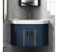 Mueble de baño compacto montado en la pared, mueble de almacenamiento de esquina flotante, mini mueble de baño, grifo plateado, 3 colores disponibles, ideal para apartamentos pequeños, azul, 56 cm