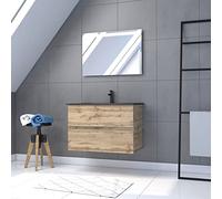 Mueble de baño con cajón/lavabo/espejo LED, 80 x 54 cm, roble natural