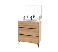 Mueble de Baño con Espejo Incluido, Roble Kraft, 3 Cajones, 80cm, Ancho con Patas, Roble Kraft, para Lavabo encastrado NO Incluido, Estilo Moderno Modelo Elba