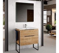 Mueble de Baño con Lavabo Cerámico Galsaky Industrial | 2 cajones con Cierre Amortiguado y Organizador| Guías Hettich Medidas | Mueble baño con Patas y Toallero (Roble Natural, 80.00)