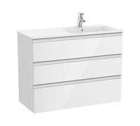 Mueble de baño de 100 cm con lavabo derecho color blanco brillo Unik The Gap Roca - Sin toallero / Con conjunto de patas / Sin caja organizadora + Sin caja organizadora + Set de 2 colgadores