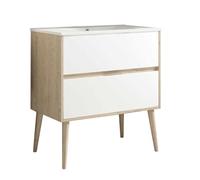 Mueble de Baño con Lavabo Noruega 70 cm 2 cajones suspendido (Patas Decorativas Incluidas) Acabado Roble y Blanco Mate Fabricado en Madera